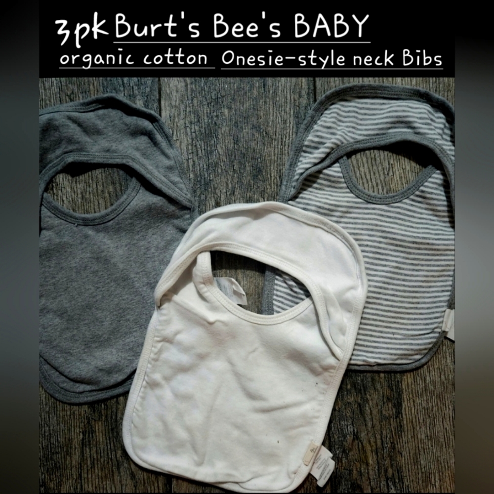 3pk Burt's Bee's BABY Organic Bibs w/ Onesie style neck. NO SNAPS/TIES